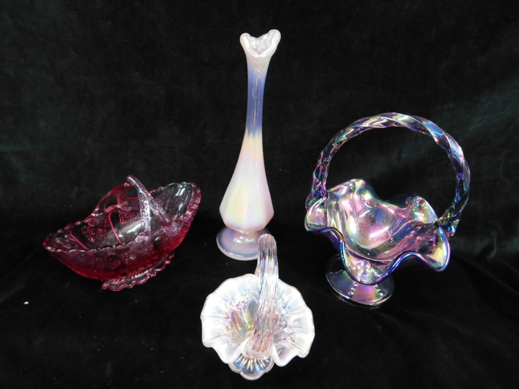 Lot of 4 Fenton Glass Pieces - 3 Small Baskets - 1 Bud Vase - 4" to 8.5" Tall