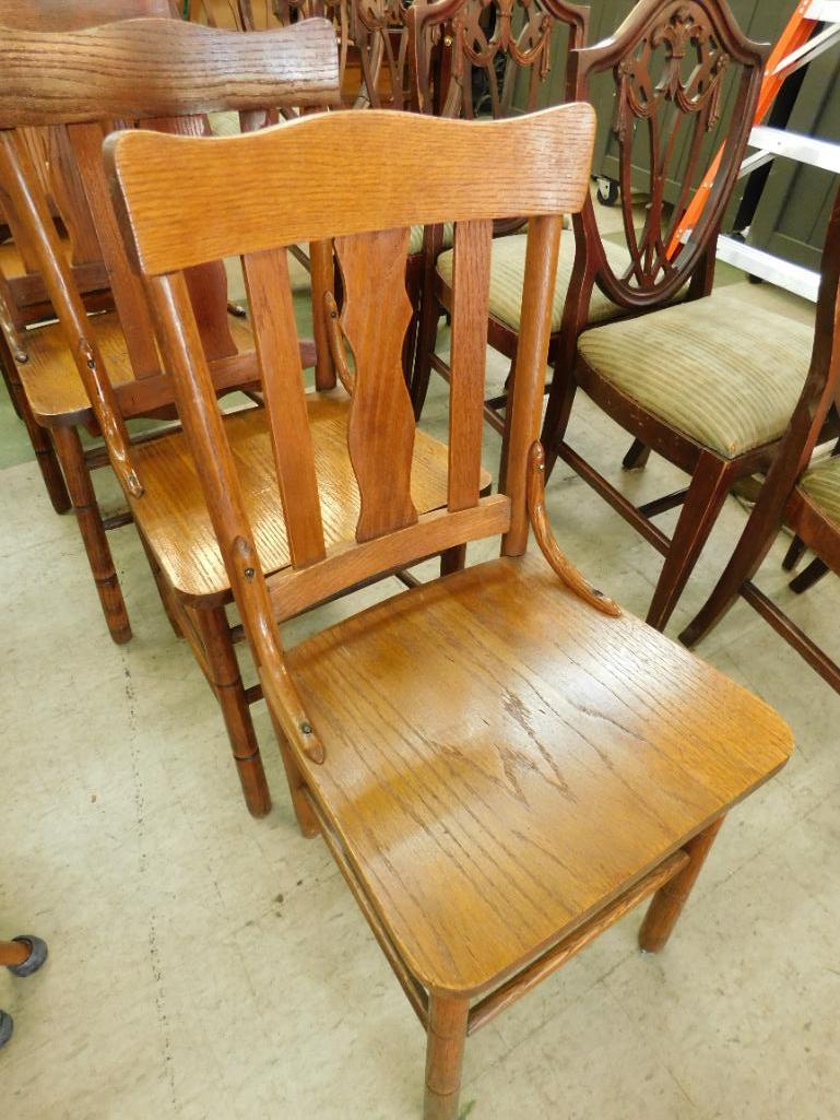 Vintage Oak Slat Back Chairs - Each 36" x 17" x 19"