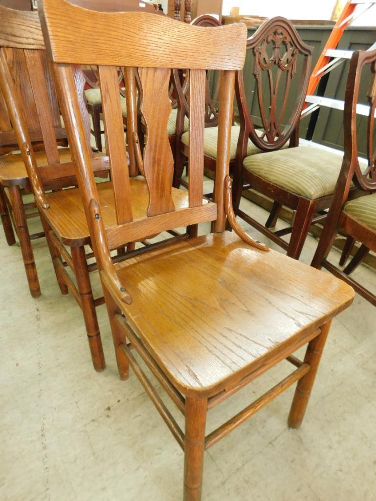 Vintage Oak Slat Back Chairs - Each 36" x 17" x 19"