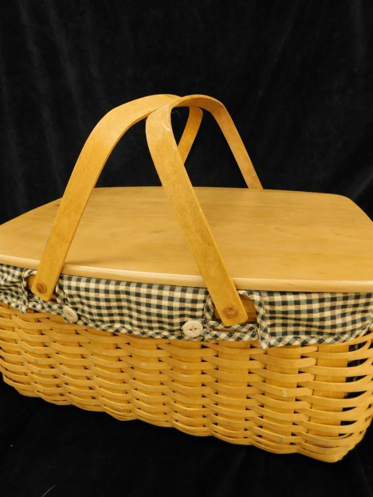 Longaberger Basket - Double Wood Handled Lidded Picnic Basket - 10" x 20" x 14"