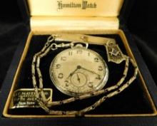 10K Gold Filled Hamilton Pocket Watch - 10K Free Mason Charm - Original Box