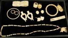 Tray Lot of 13 Pieces of Carved Bone Jewelry - 4 Bracelets - 3 Pairs of Earrings - 4 Rings