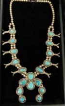 Sterling Silver - Giant Squash Blossom Necklace - Turquoise - 272.55 Grams TW