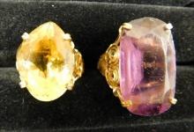 2 Gold Filled Rings - Amethyst and Citrine - Size 6 and 7