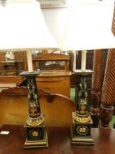 Pair of Black Painted Decorated Lamps