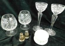 Lot with 2 Waterford Crystal Snifters - 2 Waterford Candle Holders - 1 Beleek Box