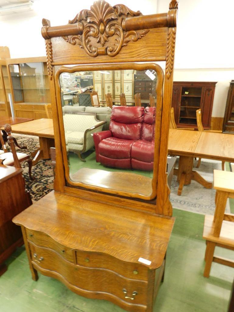 Oak 3 Drawer Lowboy Dresser with Mirror