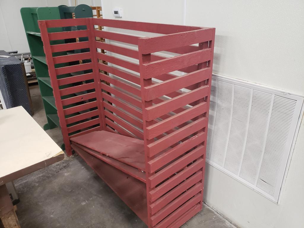 Red shelving unit.