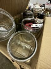 Box of cookie jars and other assorted jars