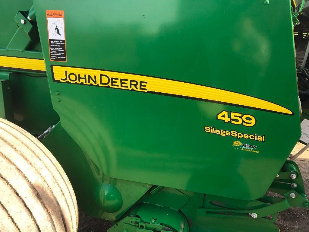 like new ?15 JD 459 Silage Special round baler, edge to edge net/twine, wide pickup, applicator,