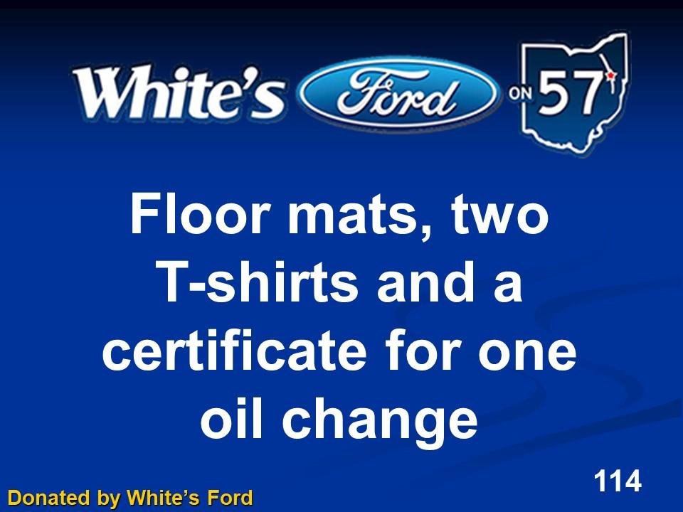 Certificate for 1 Oil Change, floor mats, and 2 T-shirts