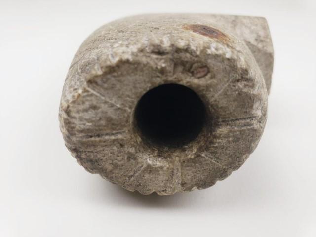 Large prehistoric pipe, steatite, engraved