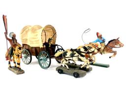 (2) Plastic 4" Indian Horseback Riders & Horse Drawn Wagon