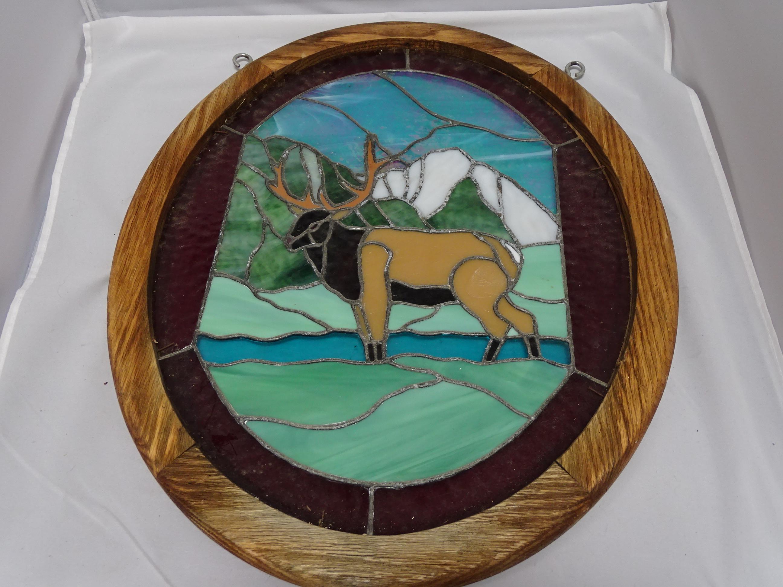 Stained Glass Deer Hanging Oval with Wood Frame.