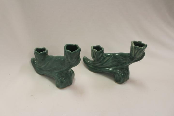 Van Briggle Set of 2 Candle Sticks, Mottled Green