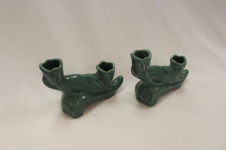 Van Briggle Set of 2 Candle Sticks, Mottled Green