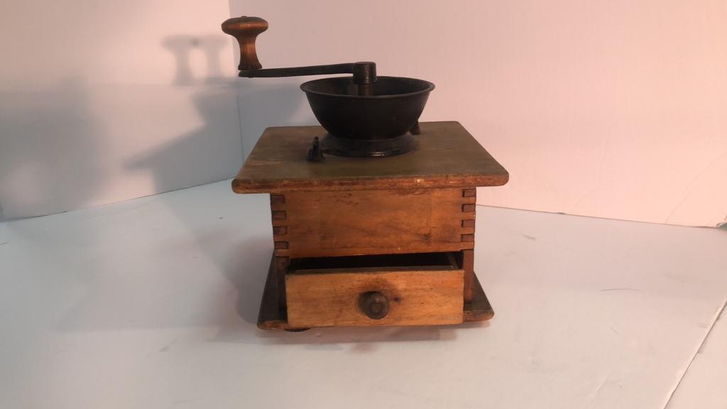 Wood and Cast Iron Coffee Grinder.