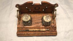 Antique Inkwell Set with Wood Stand and Pen