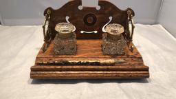 Antique Inkwell Set with Wood Stand and Pen