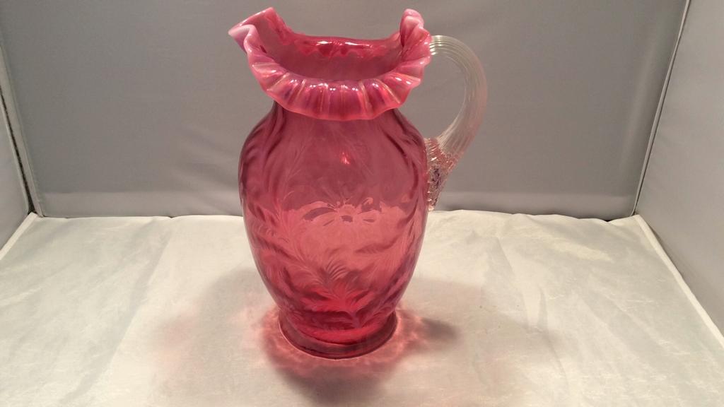 Fenton Cranberry Glass Ruffled Edge Pitcher.