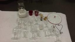 BOX OF MISC CLEAR GLASSES, WICKER OIL LAMP, ETC