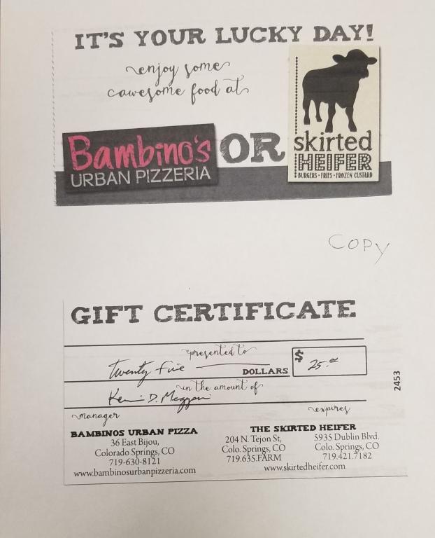 Skirted Heifer/Bambino's Gift Certificate $25
