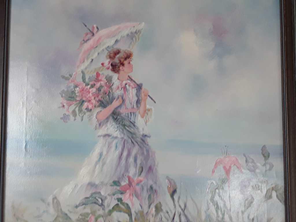 OIL ON CANVAS WOMAN HOLDING PARASOL & FLOWERS