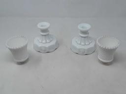 PAIR OF HOB KNOB MILK GLASS CANDLE HOLDERS W/BASES