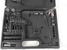 Plastic tool crate with socket set and drill bits