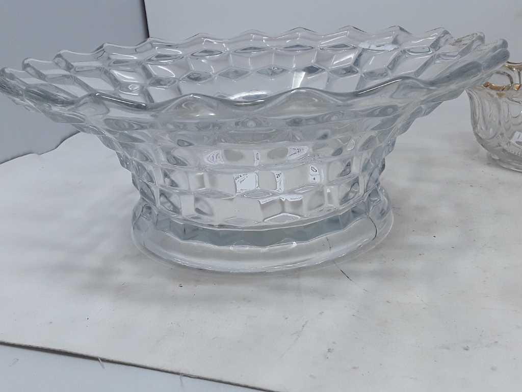 GLASS FRUIT BOWL, CANDY DISH, AND 2 CUPS