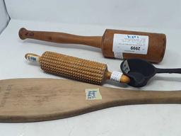 LOT WOOD ROLLING PINS, MINI CAST IRON POT, PADDLE