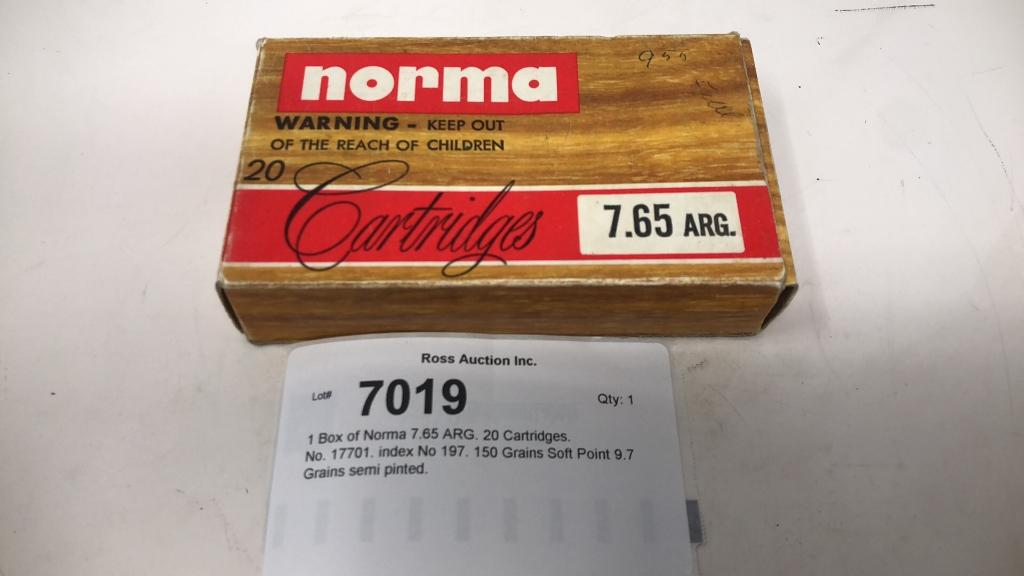 1 Box of Norma 7.65 ARG. 20 Cartridges.