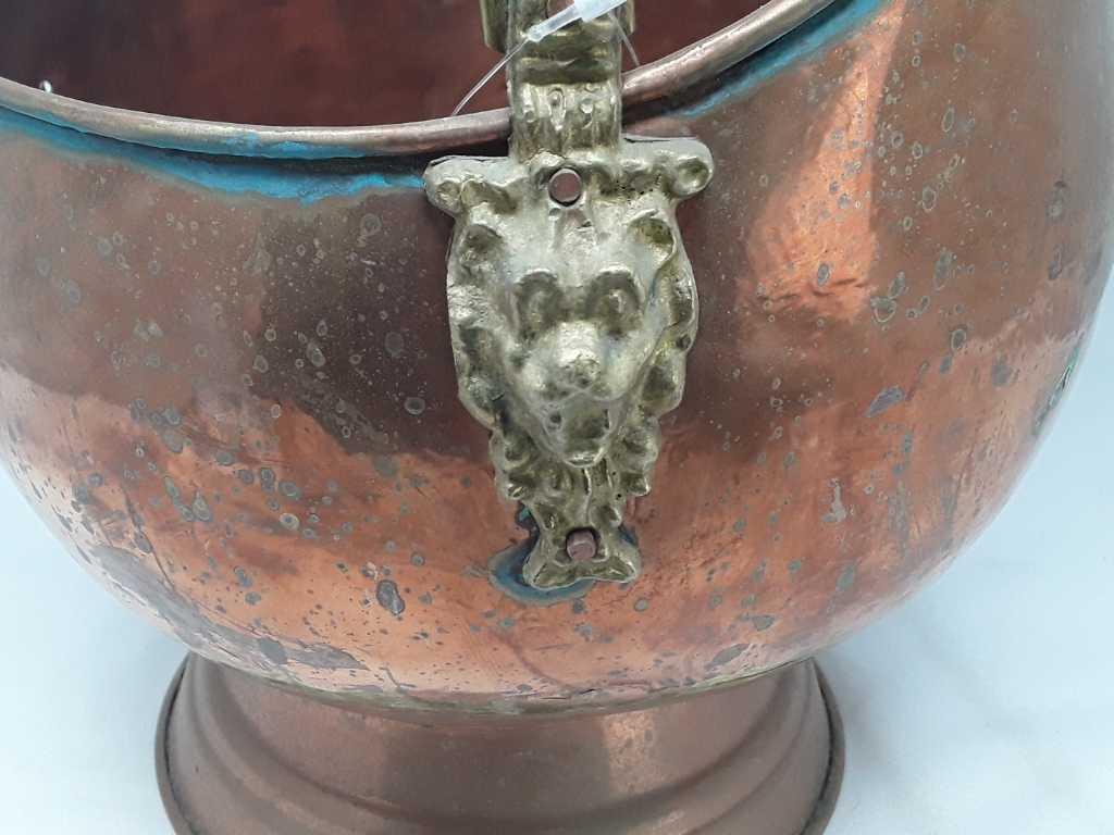 Antique Copper Coal Scuttle w/Delft Handles