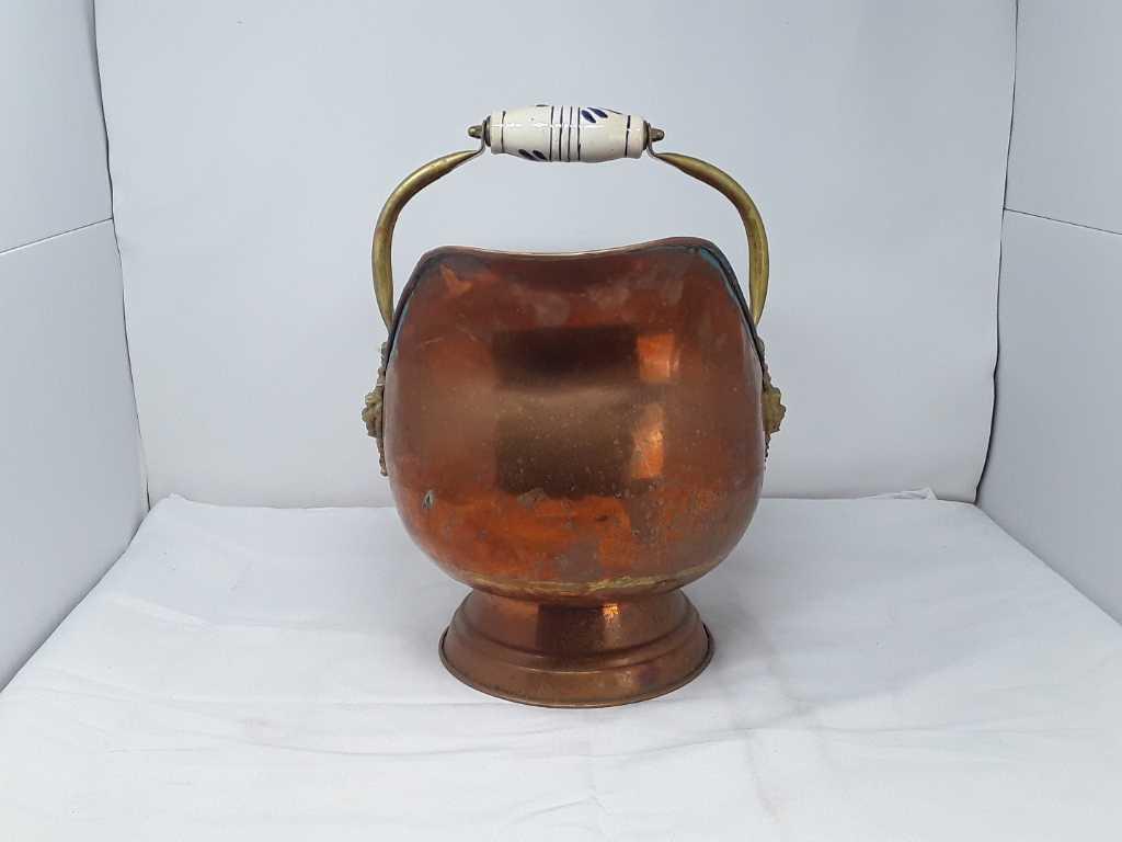 Antique Copper Coal Scuttle w/Delft Handles