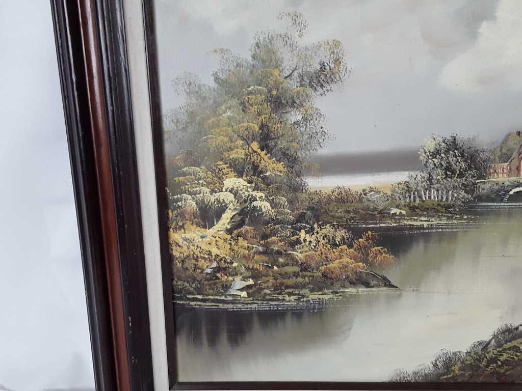 FRAMED VILLAGE BY WATER OIL ON CANVAS BY K NEAL