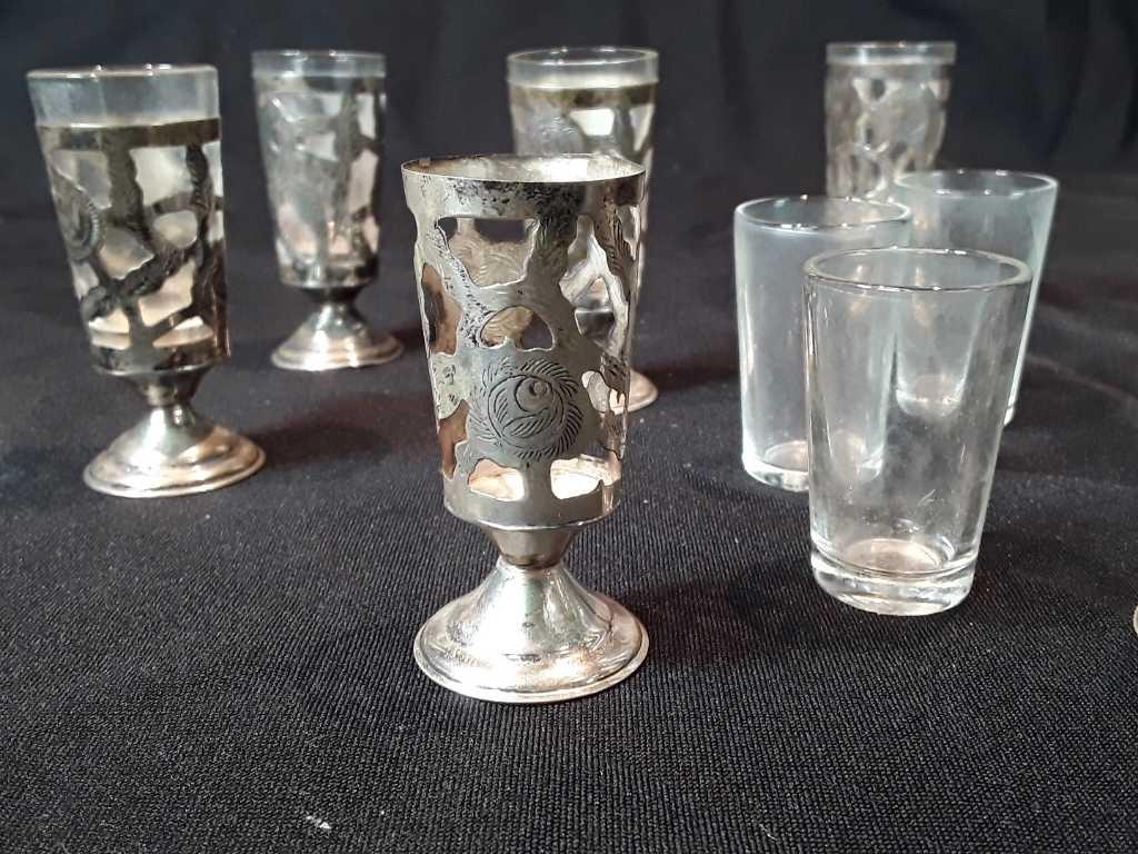 Set of 6 Sterling Silver & Glass Shot Glasses.