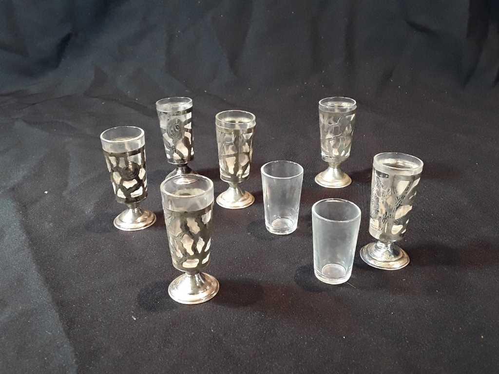 Set of 6 Sterling Silver & Glass Shot Glasses.