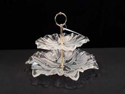 2 TIER VINTAGE GLASS SERVING DISH FROSTED DESIGN