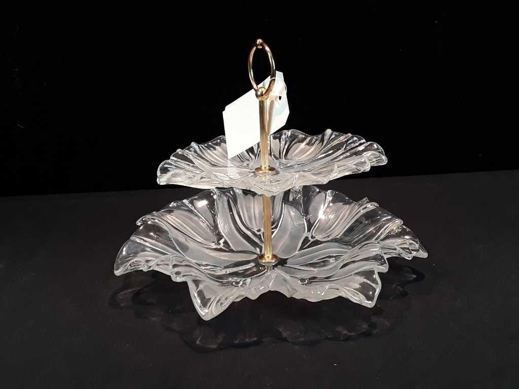 2 TIER VINTAGE GLASS SERVING DISH FROSTED DESIGN