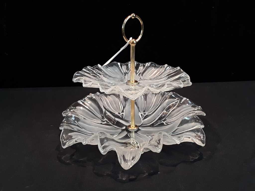 2 TIER VINTAGE GLASS SERVING DISH FROSTED DESIGN