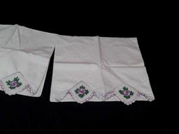 SET OF EMBROIDERED PILLOWCASES W/PURPLE FLOWERS