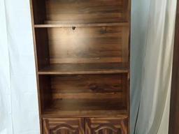 2 MATCHING LIGHTED BOOKCASES  DARK COLORED WOOD