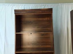 2 MATCHING LIGHTED BOOKCASES  DARK COLORED WOOD