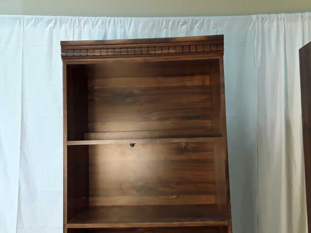 2 MATCHING LIGHTED BOOKCASES  DARK COLORED WOOD