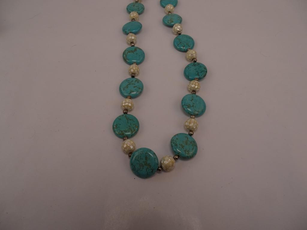 Turquoise & MOP Silvertone Necklace 22"