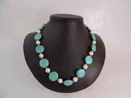 Turquoise & MOP Silvertone Necklace 22"