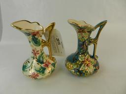 2 VTG HAND PAINTED GOLD COLORED TRIM PITCHER VASES