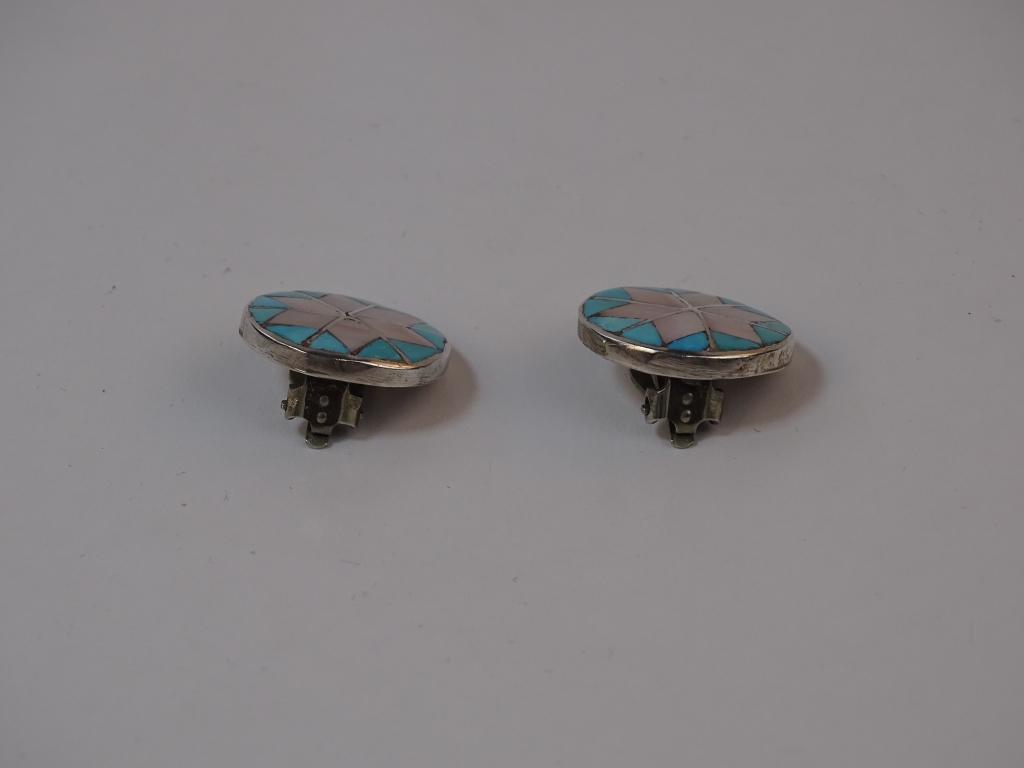 Silvertone Turq & MOP Clip-On Earrings "DC Zuni"