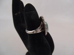 Silvertone Turquoise Leaf Design Ring Sz 7