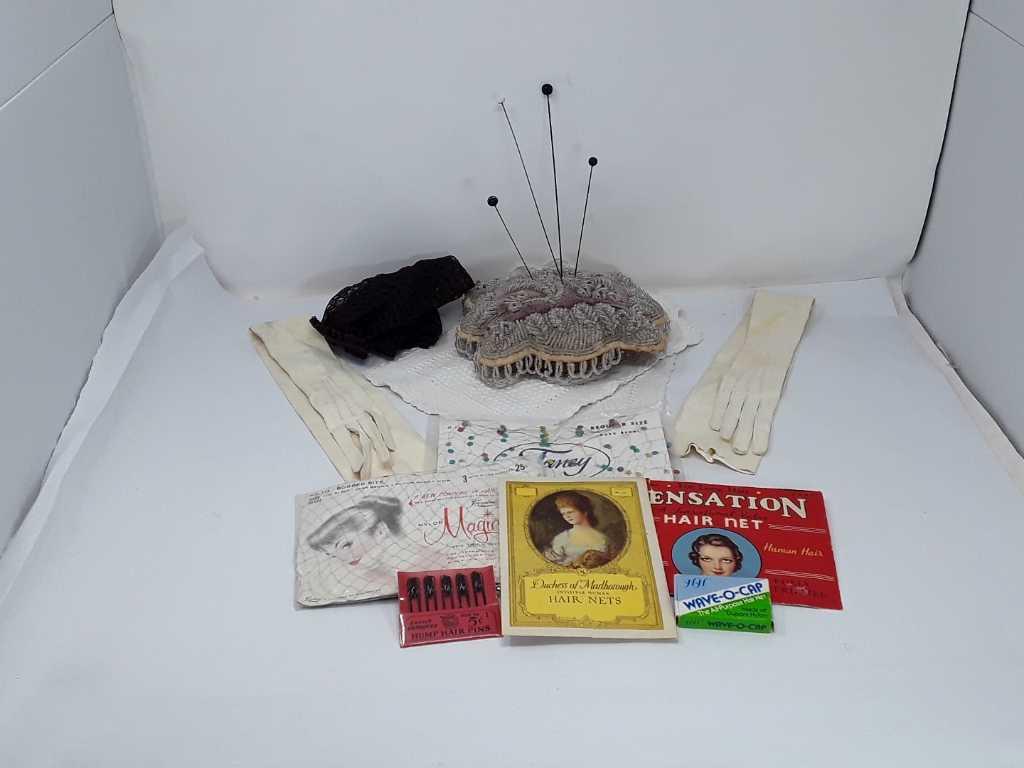 VINTAGE PIN CUSHION / HAIR NETS /GLOVES /HAIR PINS